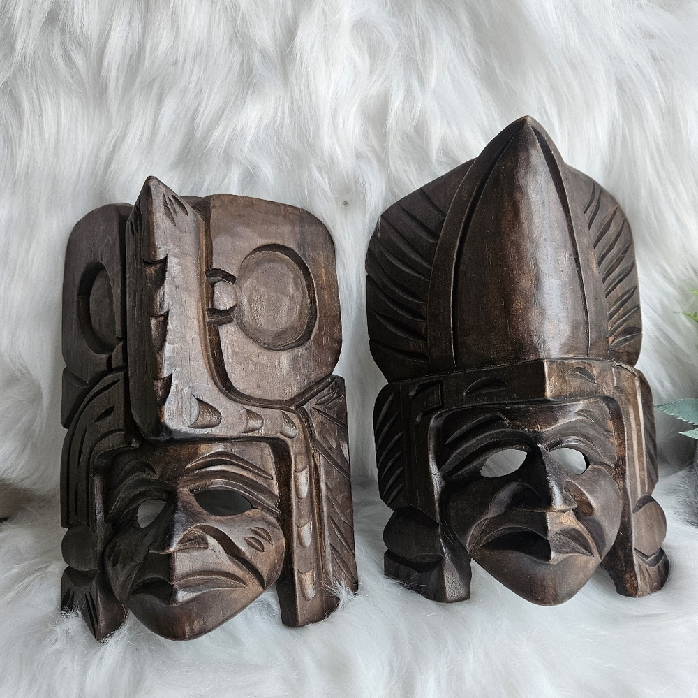 Handcrafted Wooden Wall Masks - Tribal Style - Hanging Decor (Set of 2)